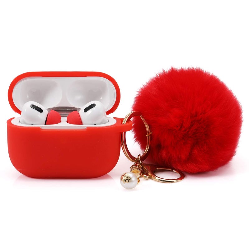 Cypher.V Protective Case Cover for Airpods Pro Charging Case with Ear Tips 1 Pair Kit, Air Pods Silicone Case with Soft Cute Ball Pom Pom Keychain Kit Together with Ear Buds Tips 2&1 (X, Red) - Image 1